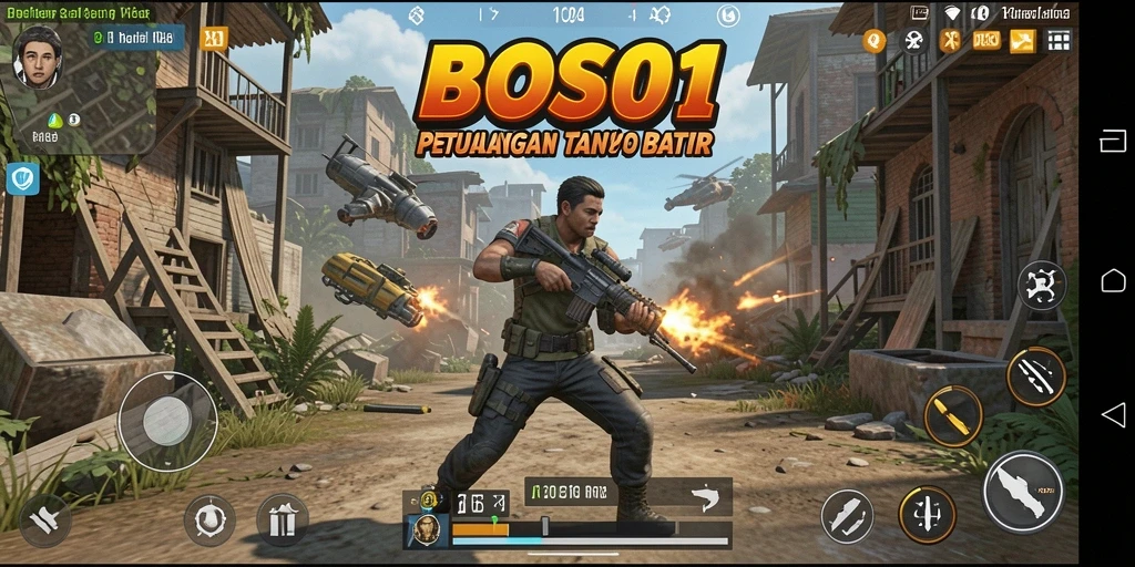Screenshot permainan BOS01 yang menunjukkan aksi penuh adrenalin.