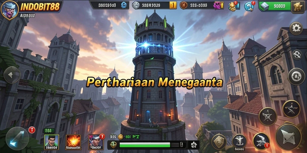 Tangkapan layar gameplay INDOBIT88 yang penuh aksi Tower Defense.