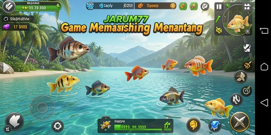 Screenshot JARUM77 menampilkan pemain menangkap ikan di lokasi memancing yang menakjubkan.